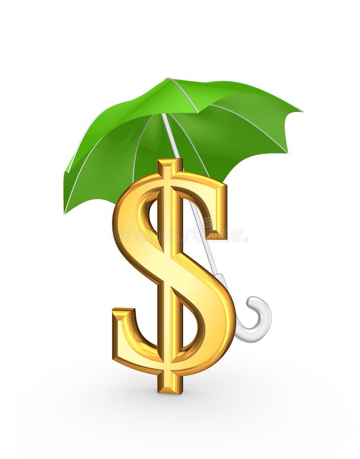 Golden sign of dollar under green umbrella.Isolated on white.3d rendered.