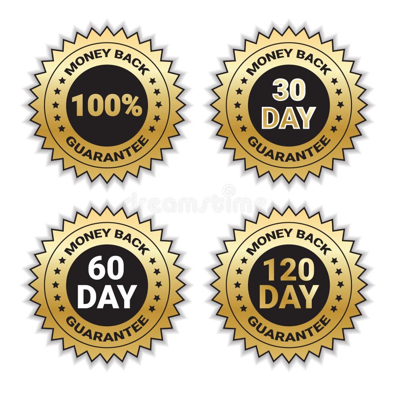 Golden Signs Set Money Back Guarantee Template Stickers Collection Isolated vector illustration Golden Signs Set Money Back Guarantee Template Stickers Collection Isolated vector illustration