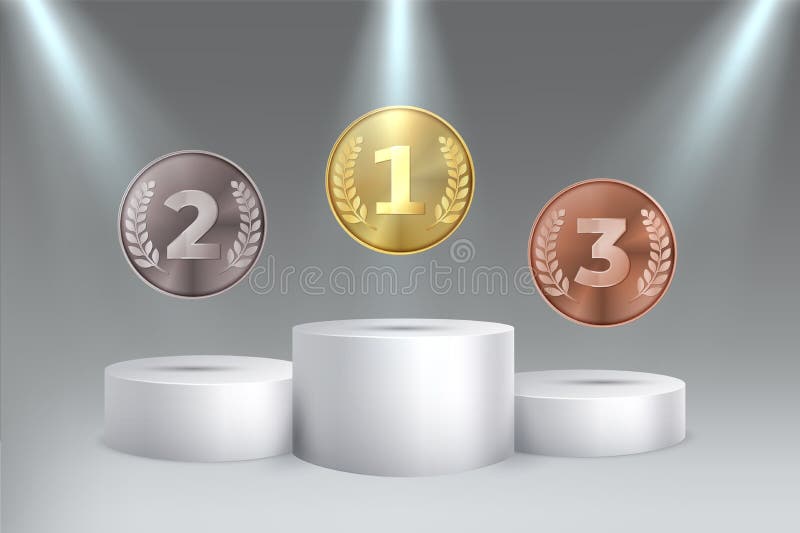 Golden, silver, bronze awards for first, second, third place on podium. Medals on pedestal vector 3d realistic