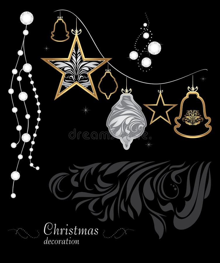 Golden and silver Christmas decoration on black background