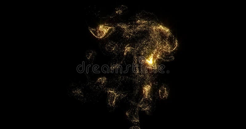 Golden smoke, shining fluid particles light, liquid gold glitter pour on black background. Sparkling gold, glittering shimmer stock image