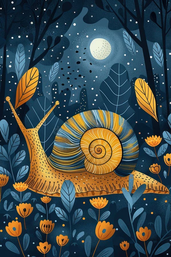 Golden Snail in Moonlit Forest vektor illustrationer