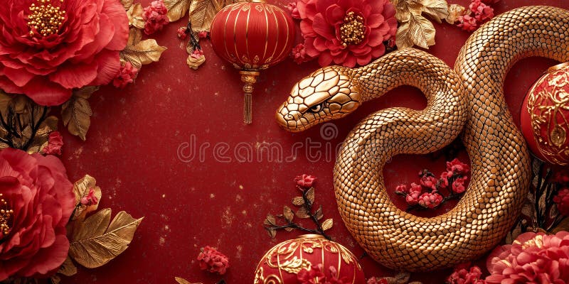A golden snake is surrounded by red flowers and golden lanterns. Chinese new year concept stock illustration