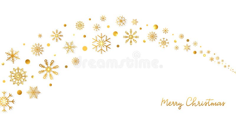 Golden snowflakes border in wave shape. Glitter gold snowflakes and snow with stars on white background. Merry Christmas