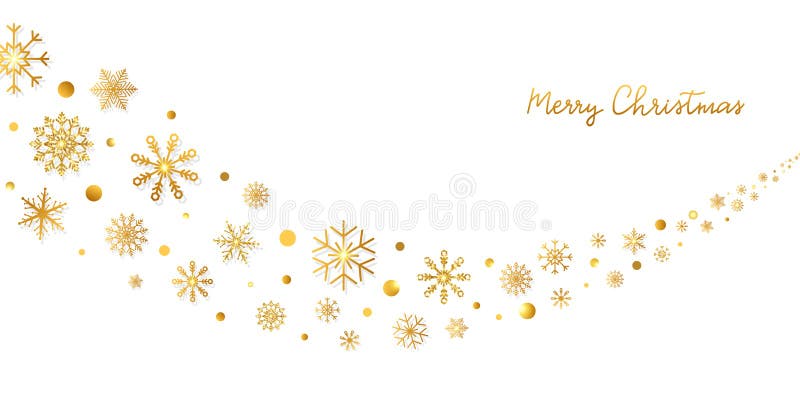 Golden snowflakes border in wave shape. Glitter gold snowflakes and snow with stars on white background. Merry Christmas