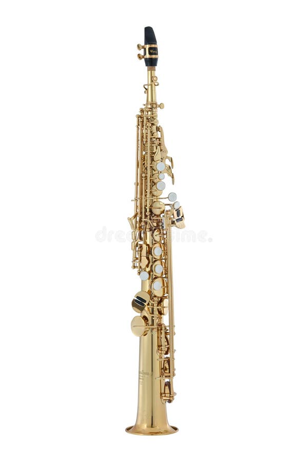 Golden Soprano Saxophone, Sax Music Instrument Isolated on White background