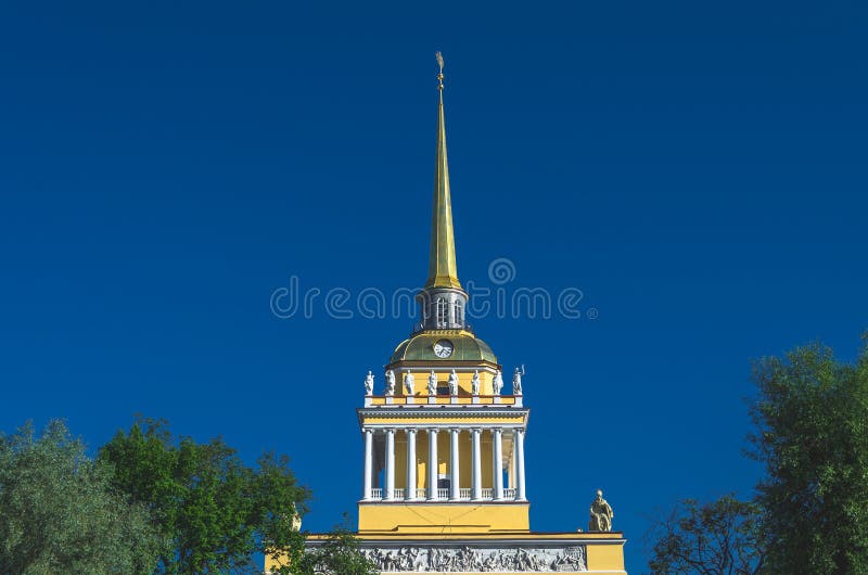 The golden spire of neoclassical Admiralty Building view in St Petersburg, Russia.