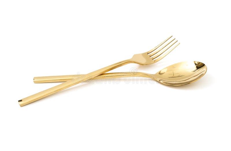 Golden Spoon And Fork On A White Stock Photo Image of dining, metal