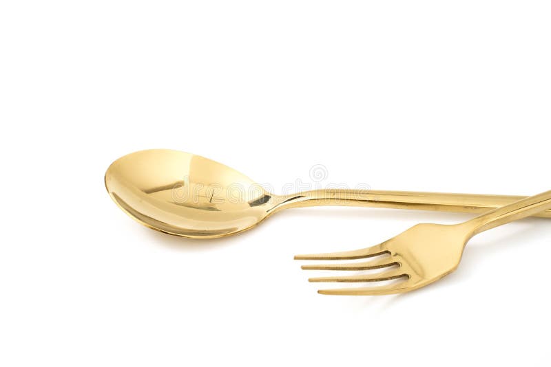 Golden Spoon and Fork on a White Stock Photo Image of dining, metal