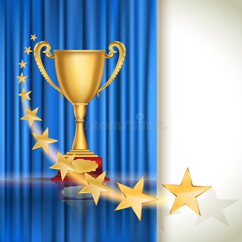 Golden sports cup on blue curtain background with flying stars.