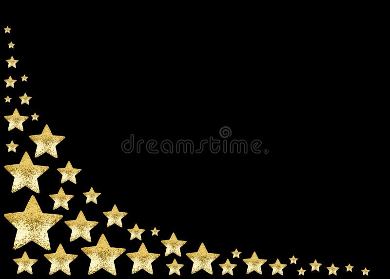 Golden star frame on black background isolated, corner border made of shiny gold stars, Christmas greeting card template, holidays. Backdrop, starry pattern stock photos