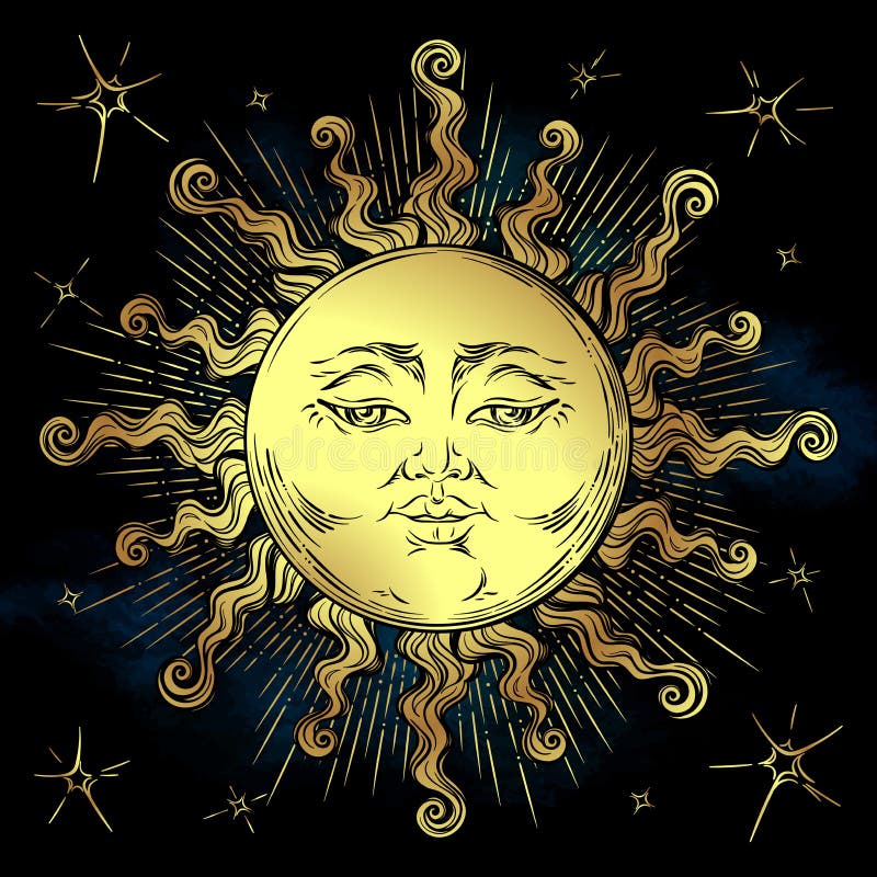 Golden Sun and Stars Vector Illustration. Hand Drawn Boho Style Fabric ...
