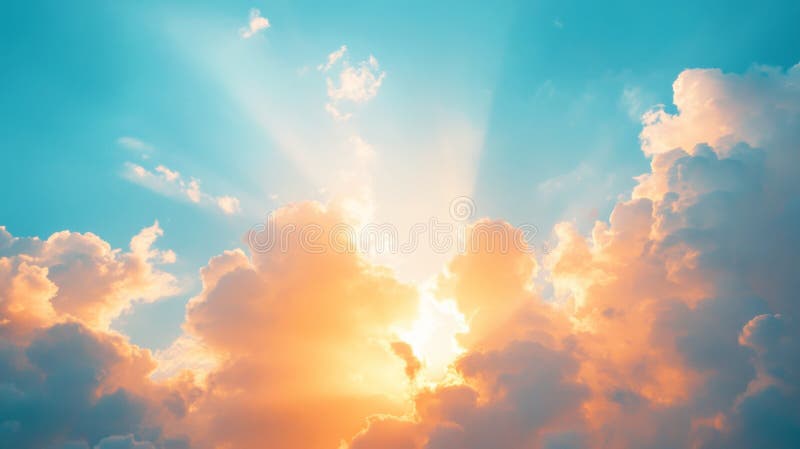 Golden Sunbeams Shining Through Clouds in a Blue Sky vector illustration