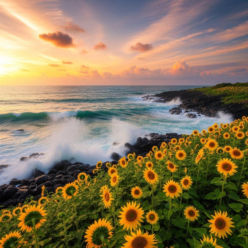 Golden Sunflowers Overlooking Ocean Waves at Sunset AI-GENERATED stock images