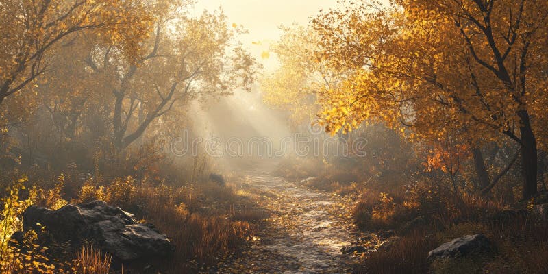 Golden Sunlight Bathes a path through a Dreamy Autumn Forest Enchanting and Serene