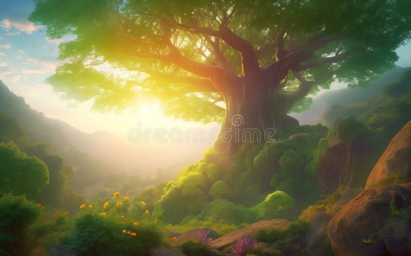 Golden sunlight piercing through an ancient tree vector illustration