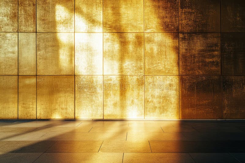 Golden Sunlit Wall with Modern Geometric Design and Dramatic Shadows in Urban Architectural Setting stock illustration