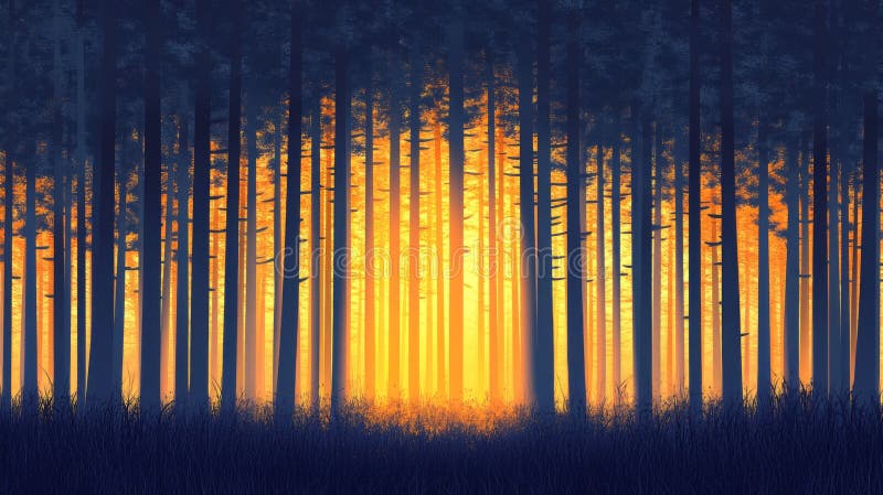 Golden Sunset in a Dark Forest royalty free illustration