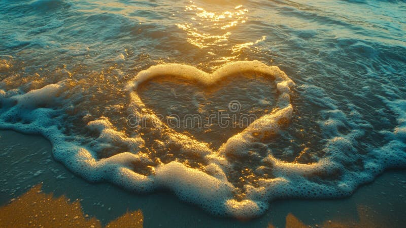 Golden sunset heart shaped wave on beach sand royalty free illustration