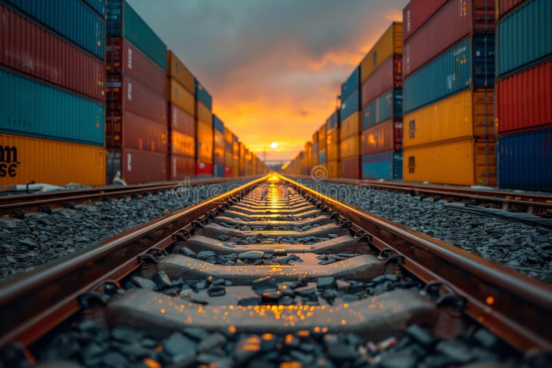 Linii de cale ferată care conduc spre un port pentru containere colorat royalty free stock image