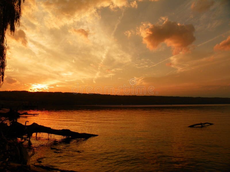 Golden sunset on the lake shore