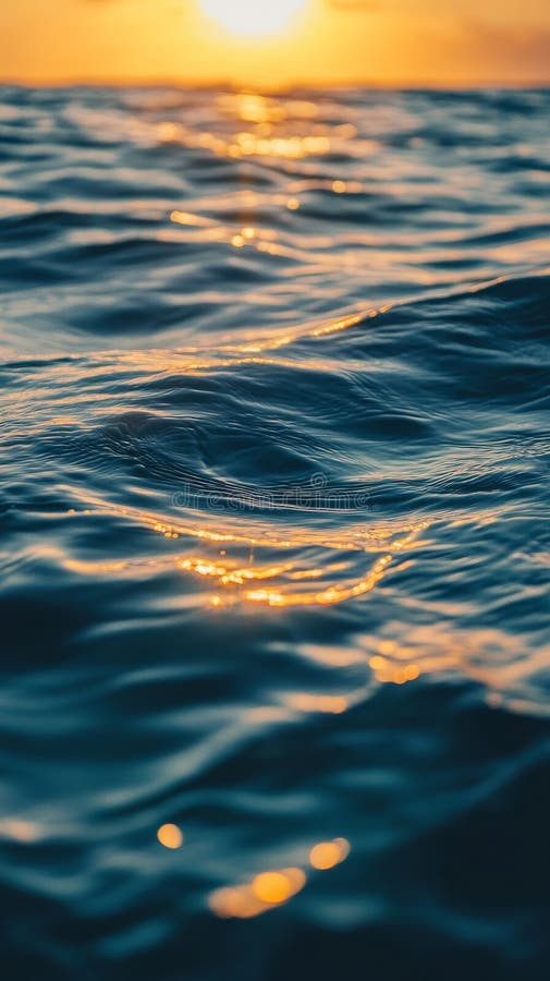 Golden sunset over calm ocean waves, serene and reflective atmosphere stock images