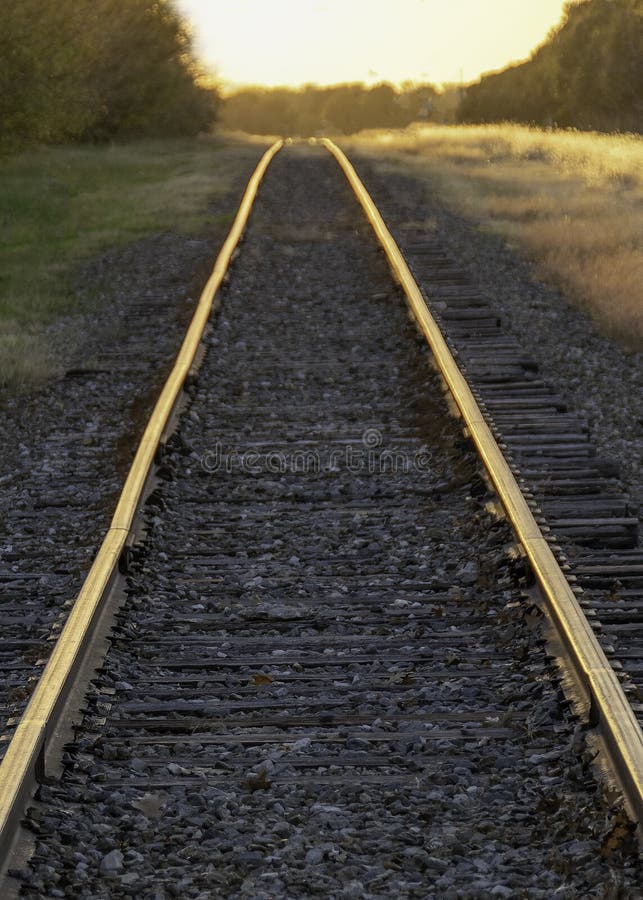 Golden Sunset and Rural Railroad Tracks Vanishing into Distance. Golden Sunset and Railroad Tracks vanishing into the Distance through a Green Field and Trees stock photography Golden Sunset and Rural Railroad Tracks Vanishing into Distance. Golden Sunset and Railroad Tracks vanishing into the Distance through a Green Field and Trees stock photography