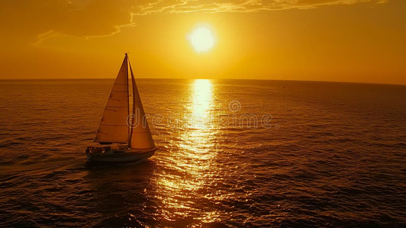 Golden Sunset Sailboat Ocean Aerial View Scenia Summer Yacht Sea sky Shiship: Luft Vatten - fredsresor vektor illustrationer
