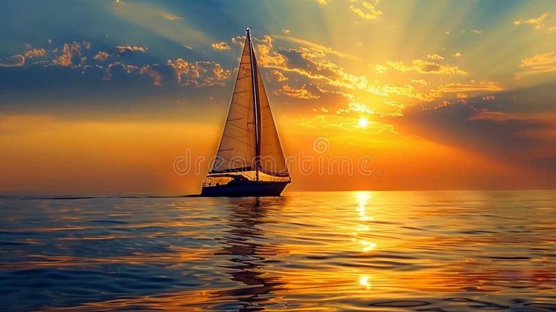 Golden Sunset Sailboat Ocean Scenia Tranquil Summer Yacht Seascape Peacnice BeSnyvarmt Water Landcape sky vektor illustrationer
