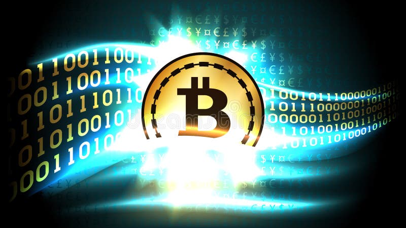 Golden symbol of cryptocurrency bitcoin exchanges currency signs for binary code, well organized layers vector illustration