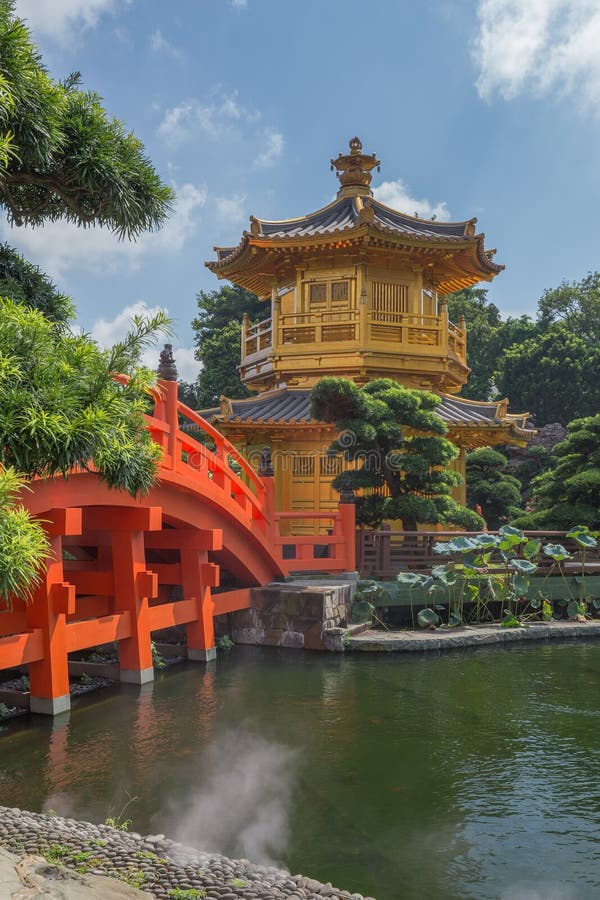 Golden teak wood pagoda at Nan Lian Garden in Hong Kong