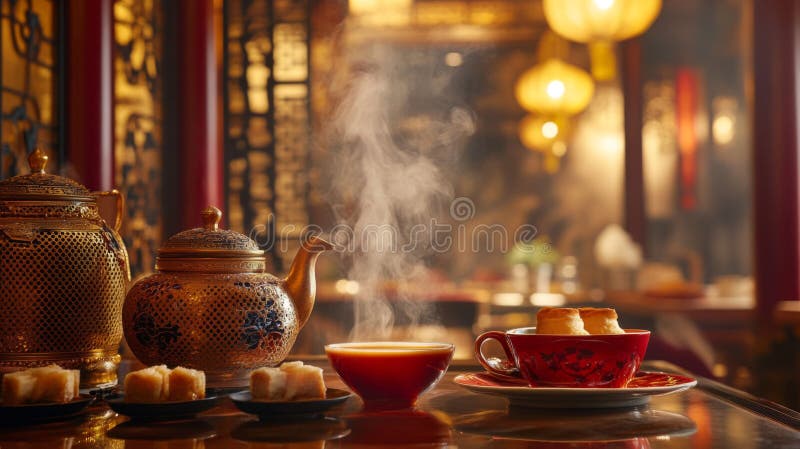Golden Teapots Steaming Tea With Sweet Treats royalty free illustration