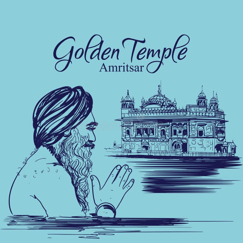 Golden temple amritsar punjab india . happy guru purab  illustration sikh man worship