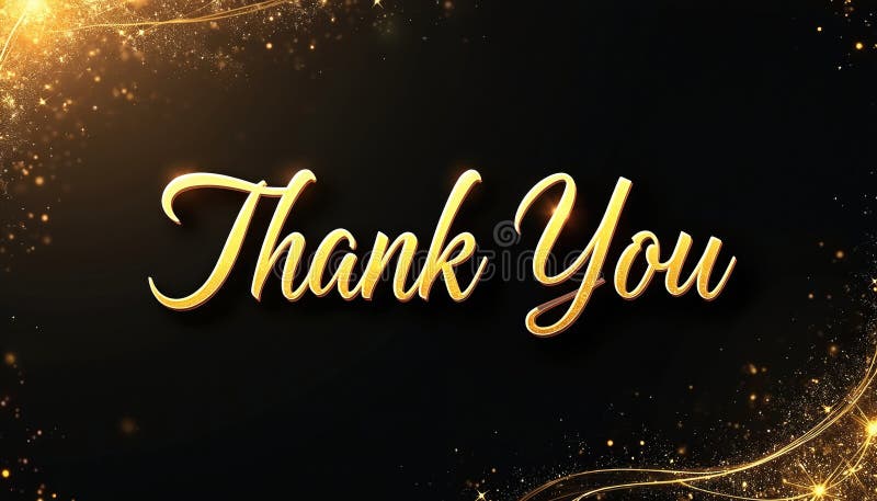Golden thank message on black background with sparkling elements. Elegant cursive typography, celebratory feel. Shining golden stock photos