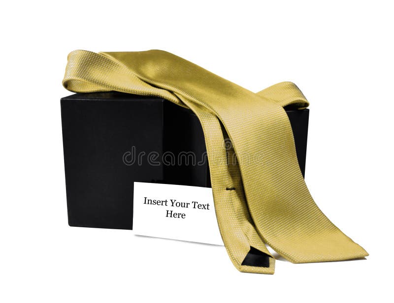 Golden Tie Gift Set. Gold tie with an empty card for the man in your life, isolated on a white background Golden Tie Gift Set. Gold tie with an empty card for the man in your life, isolated on a white background