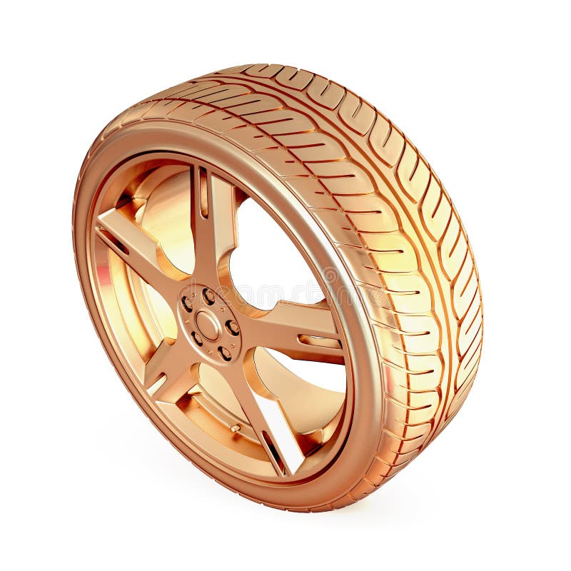 Golden Tire on White Isolated Background. Stock Illustration