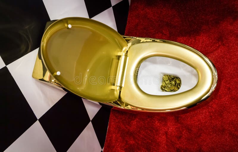 Golden Toilet Bowl with Money Stock Photo - Image of accessories, flush:  179482576