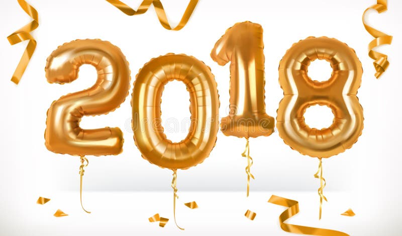 Golden toy balloons. Happy New Year 2018. Vector icon