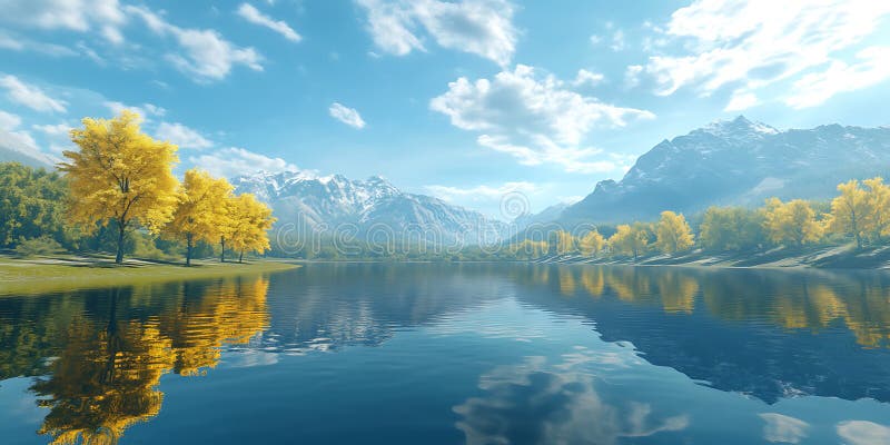 Golden Trees, het landschap van het meer in de sluiers stock illustratie