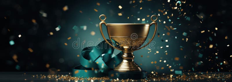 A golden trophy on a dark background with confetti royalty free stock image