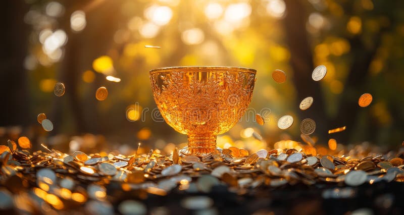 Golden Trophy Surrounded by Sparkling Coins in Evening Light royalty free stock photo