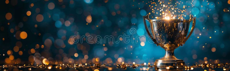 Golden Trophy on Wooden Table stock images