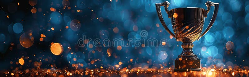 Golden Trophy on Wooden Table stock photo