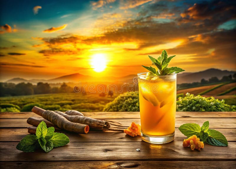 Golden Turmeric Ginger Drink med Mint A Revitalizing Elixir som fångats i en upplevelse av Breathtake Landscape Setting royaltyfri illustrationer