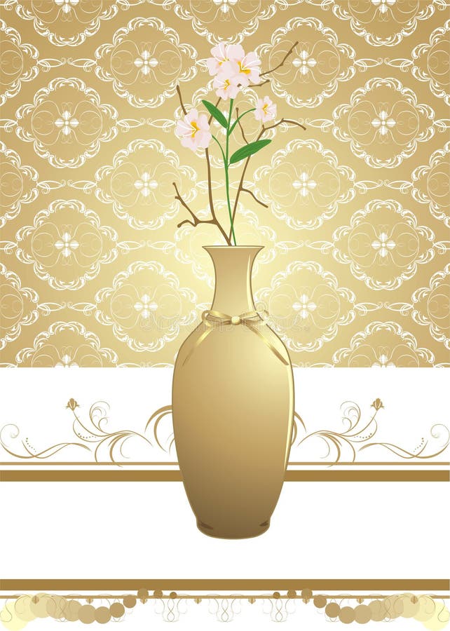 Golden vase with bouquet of flowers. Background