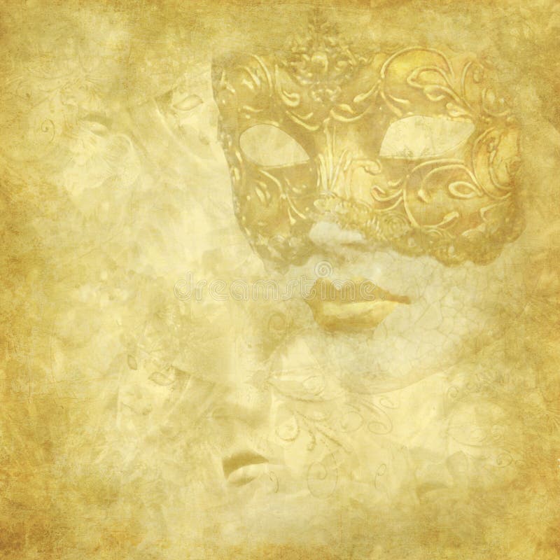 Golden Venetian mask on floral grunge texture