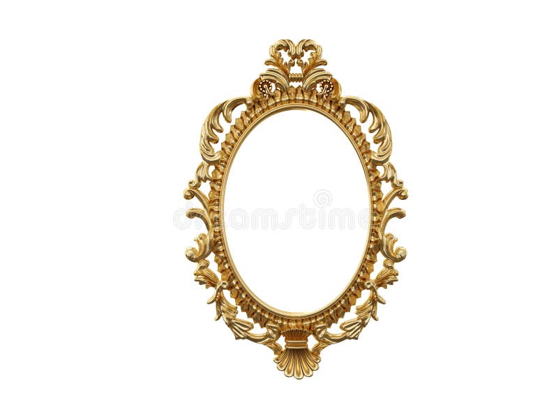 Golden vintage frame, mirror. Design retro element. physical realistic reflection . 3d rendering.