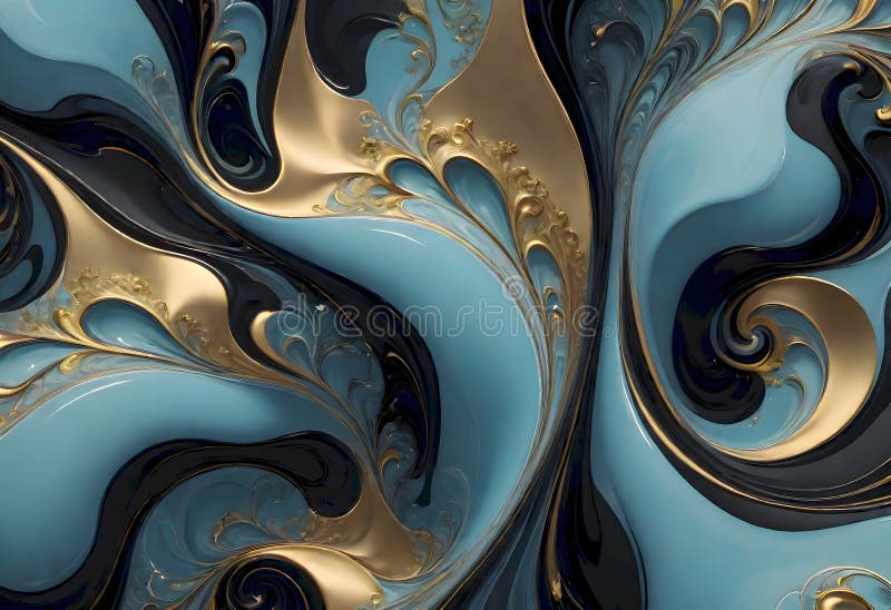 Golden Vortex on Azure Canvas, Abstract Fluid Art, Generative AI stock illustration