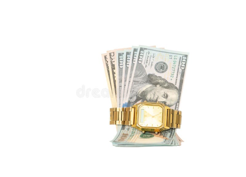 Golden watch hold dollar bills isolate on white background. Concept of time to money, retirement saving. Golden watch hold dollar bills isolate on white background. Concept of time to money, retirement saving