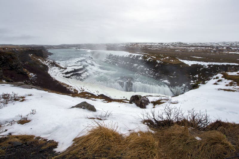 Golden waterfall Gullfoss view in the canyon of the Hvita river royalty free stock photos Golden waterfall Gullfoss view in the canyon of the Hvita river royalty free stock photos